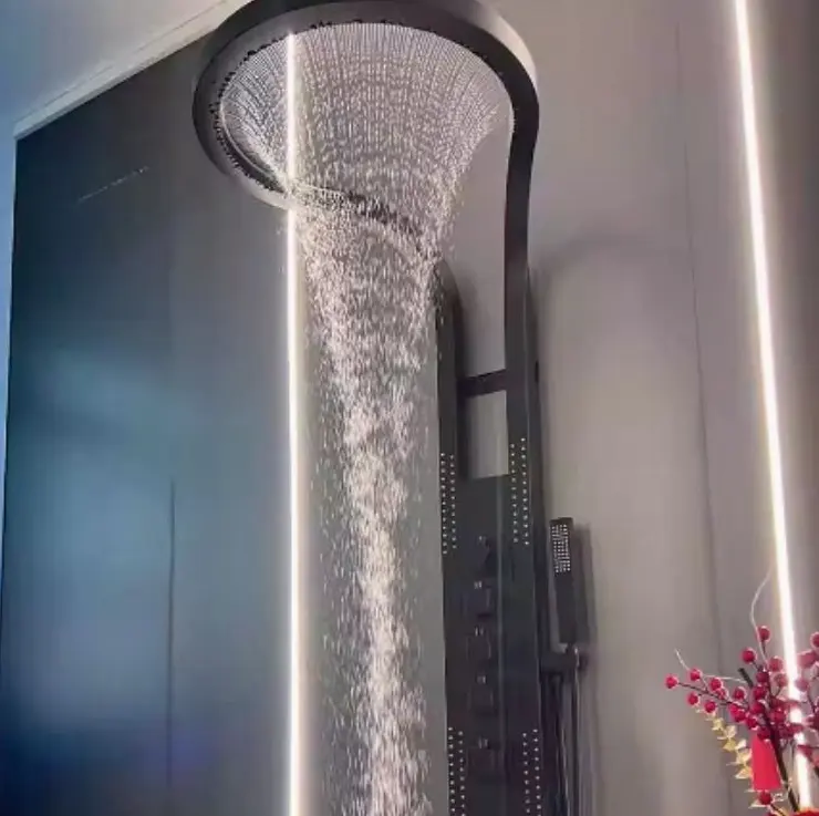 Fabricante personalizado Sistema de ducha montado en el techo multifunción cascada lluvia led luces cabezal de ducha de alto flujo para el hotel