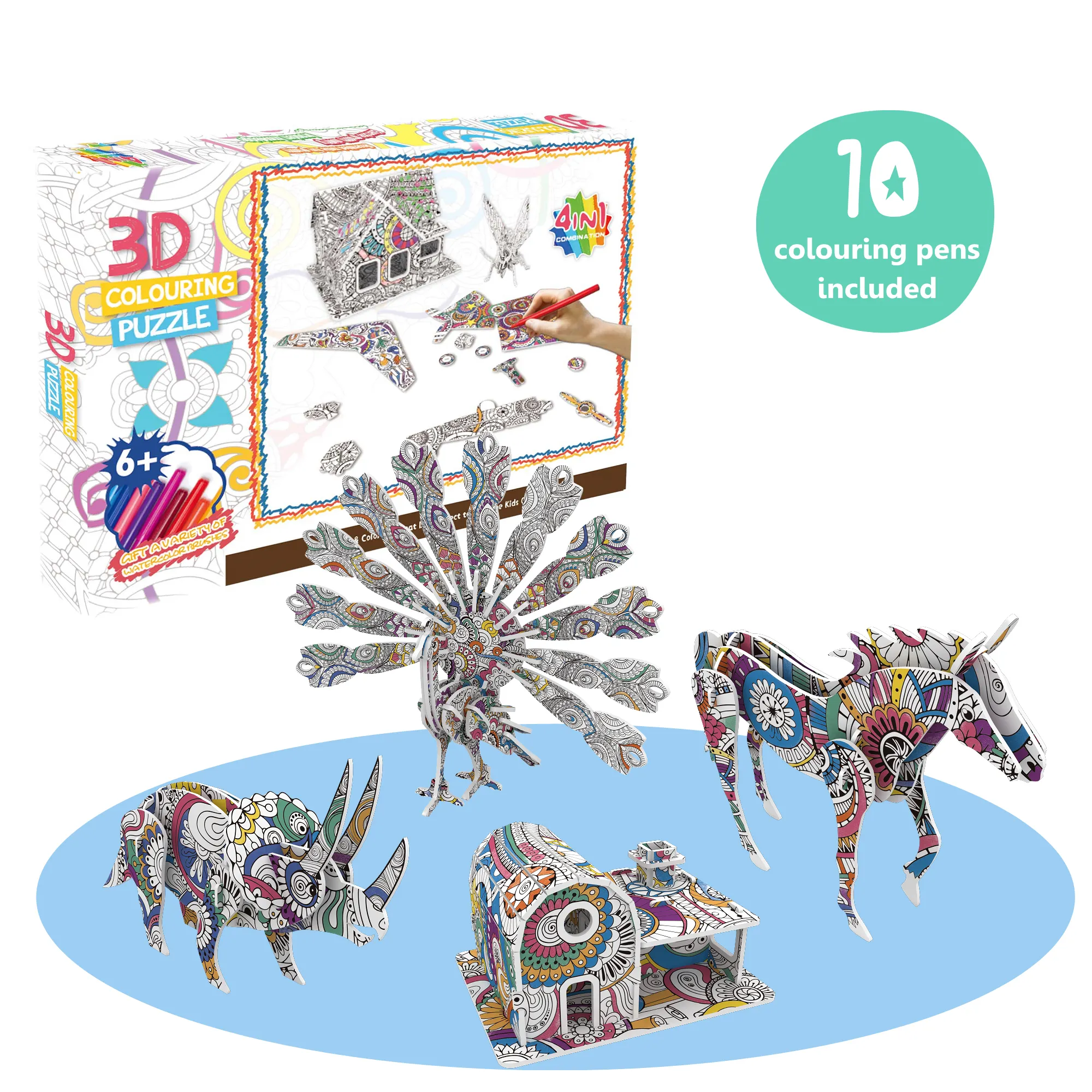 Créativité BRICOLAGE Cadeau, Kit De Dessin pour Enfants 4 Pack Puzzles avec 10 Marqueurs de Coloriage D'art Peinture 3D Puzzle pour Les Enfants