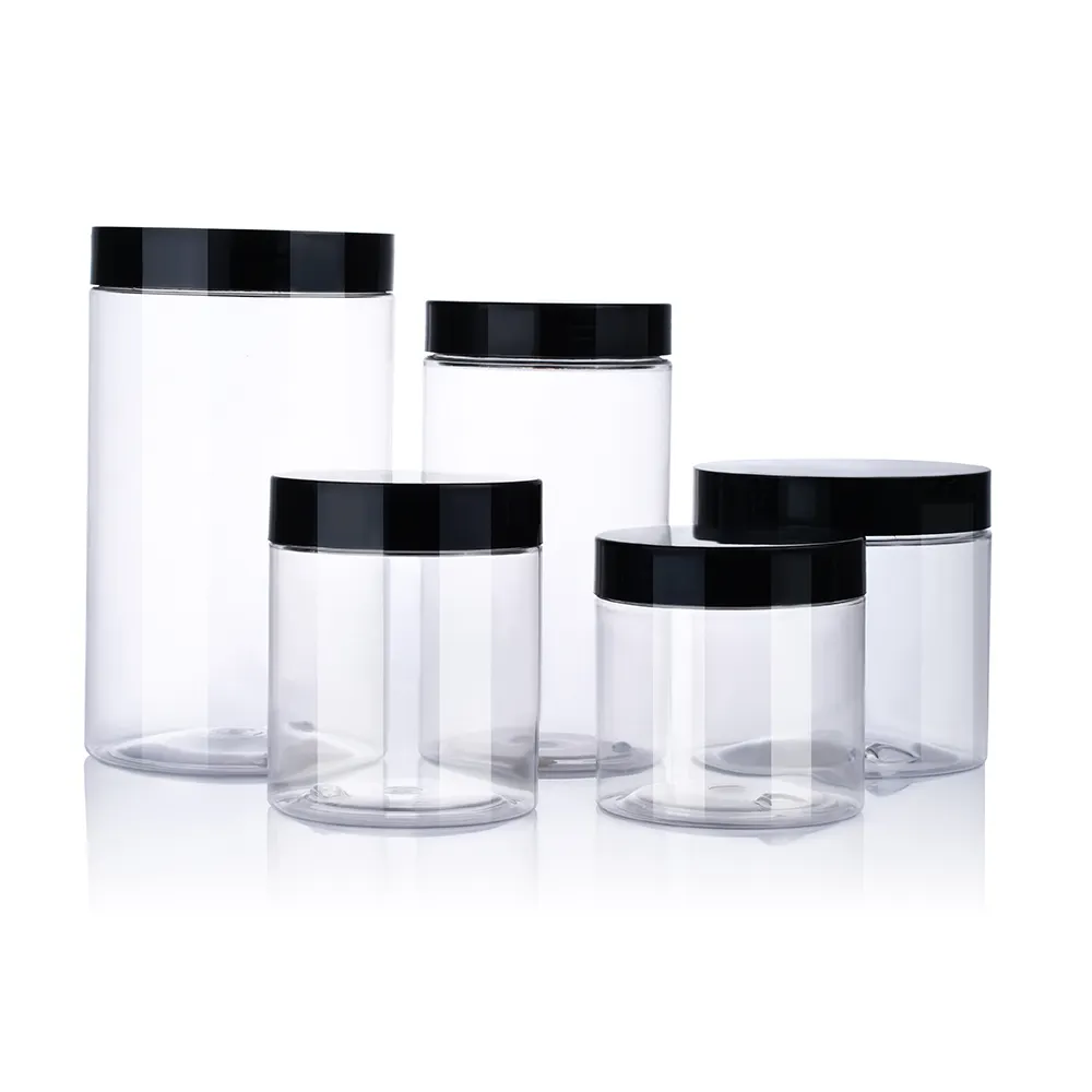 cosmetic packaging 30ml 50ml 100ml 120ml 200ml 250ml 500ml amber clear PET plastic jar with gold sliver black plastic cap