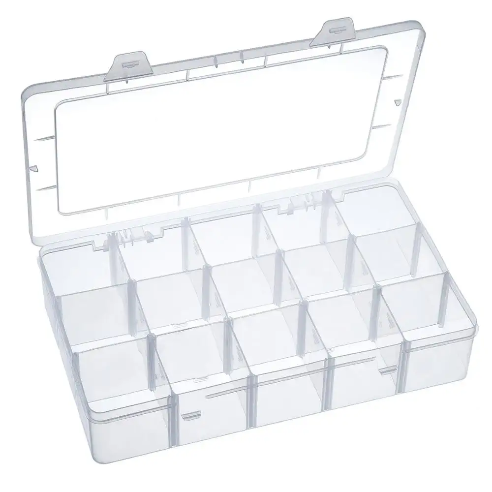 Caja de plástico para almacenamiento de joyas, Organizador con divisores ajustables, 15 rejillas, caja de plástico para zapatos