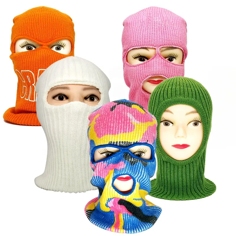 Venta al por mayor de mascarillas de punto completo, 1 2 3 agujeros de diseño personalizado de máscara de esquí con logotipo bordado vendedores de lana 3 agujeros Skimask pasamontañas