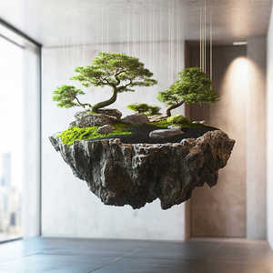 Mô phỏng màu xanh lá cây mơ mộng nổi đảo cảnh quan sáng tạo đá treo Rêu cây cửa sổ thương mại đồ trang trí vườn - Product Image 2