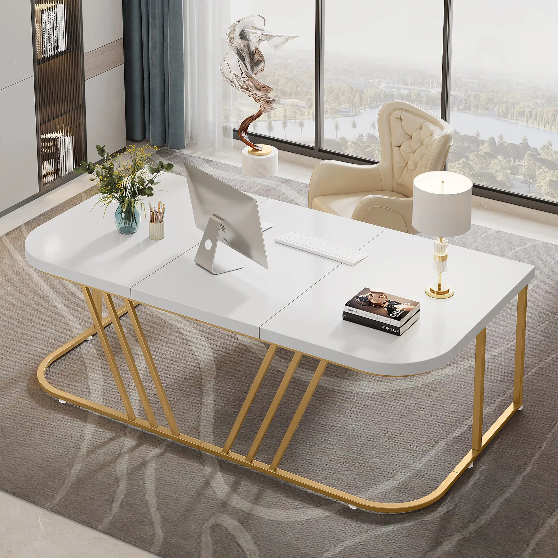 Tribesign großer moderner Homeoffice weißer Schreibtisch mit Metallrahmen Holz Gold langlebiger Schreib- und Computertisch Konferenztische