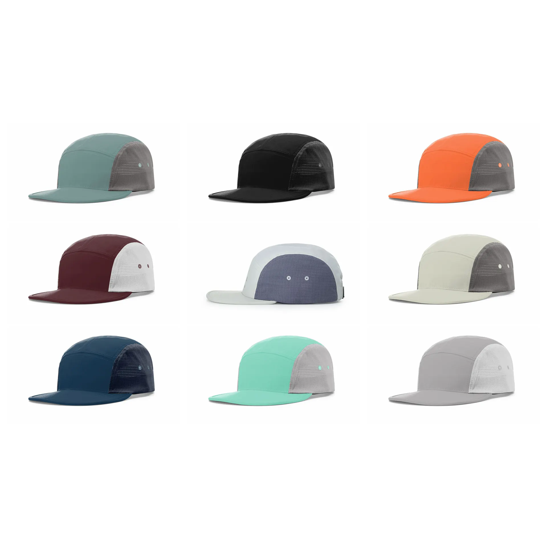 Flat Brim Projete seu próprio logotipo em branco liso esporte impermeável nylon personalizado 5 painel Running Camp Cap Hat