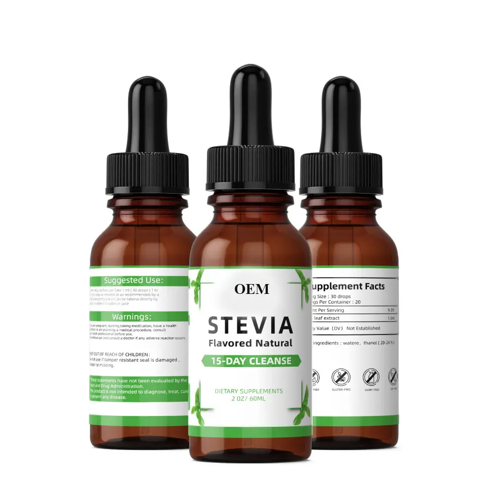 O logotipo privado do oem keto do açúcar stevia líquido gotas 0 calorie stevia líquido flavorizado natural 60ml gotas