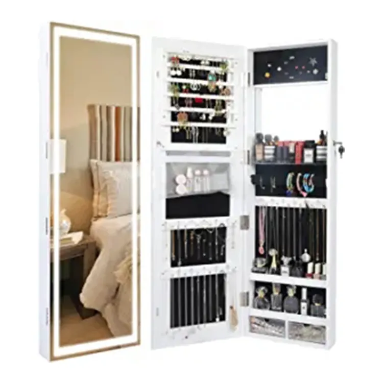 Wooden Large Storage Jewelry Cabinet Wall-mounted Lockable Jewelry Display Cabinet With Mirror
