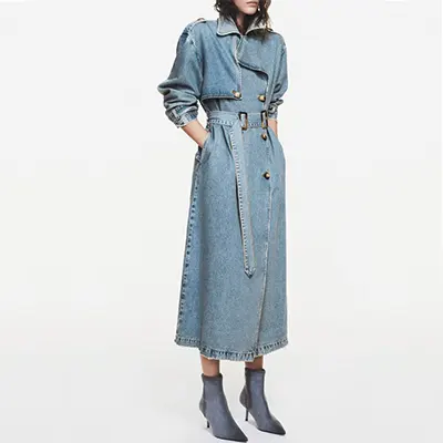 Mulheres jaqueta e casaco denim trench coat designer double breasted azul longo jaqueta jeans para as mulheres