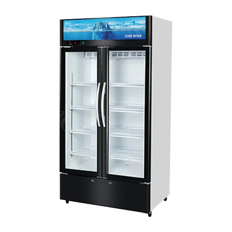 MUXUE economico doppia porta di vetro display per bevande frigo display per bevande frigorifero display verticale congelatore raffreddamento diretto