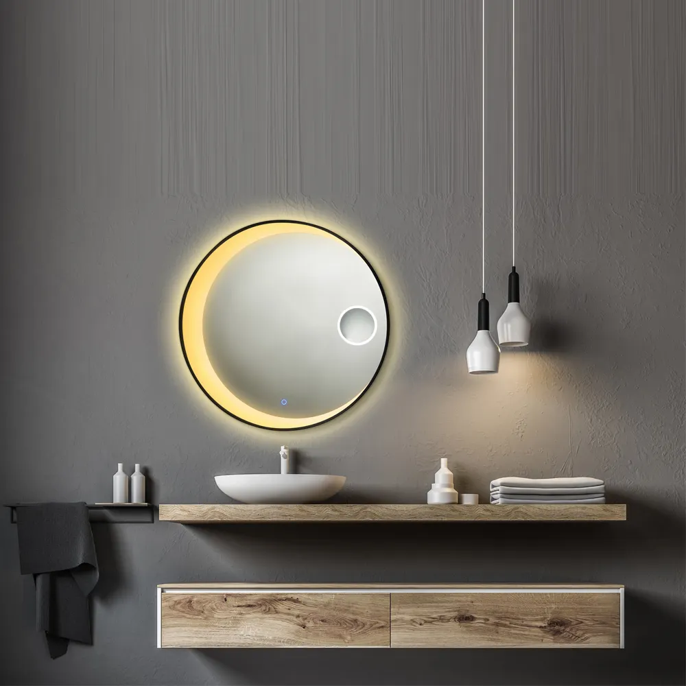 현대 목욕탕 접촉 스위치와 메이크업 돋보기를 가진 빛을 가진 둥근 LED 거울 메이크업 거울 빛 거울