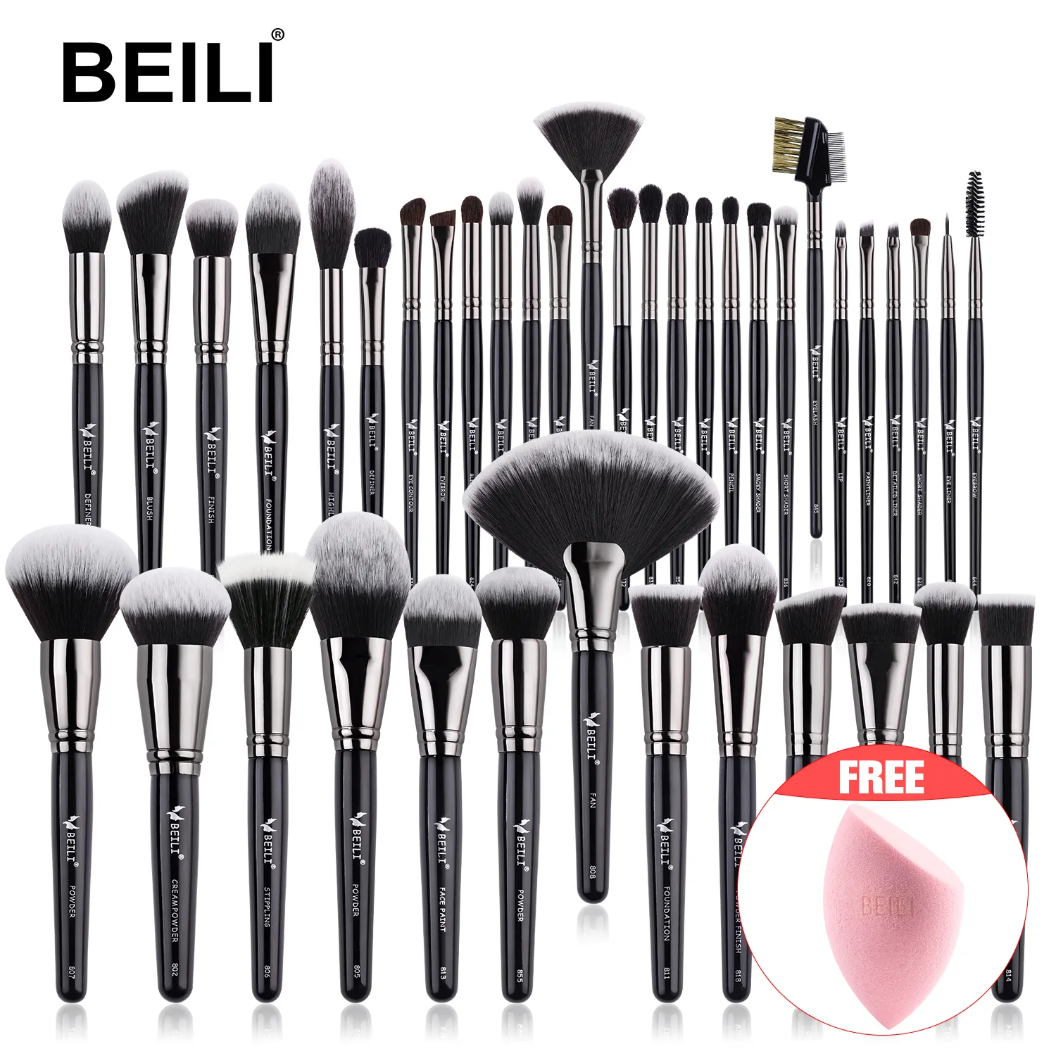 BEILI brosse faire mettre en place Kit de pinceaux de maquillage de luxe noir gros manche en bois fond de teint de marque privée pinceaux de maquillage cosmétiques