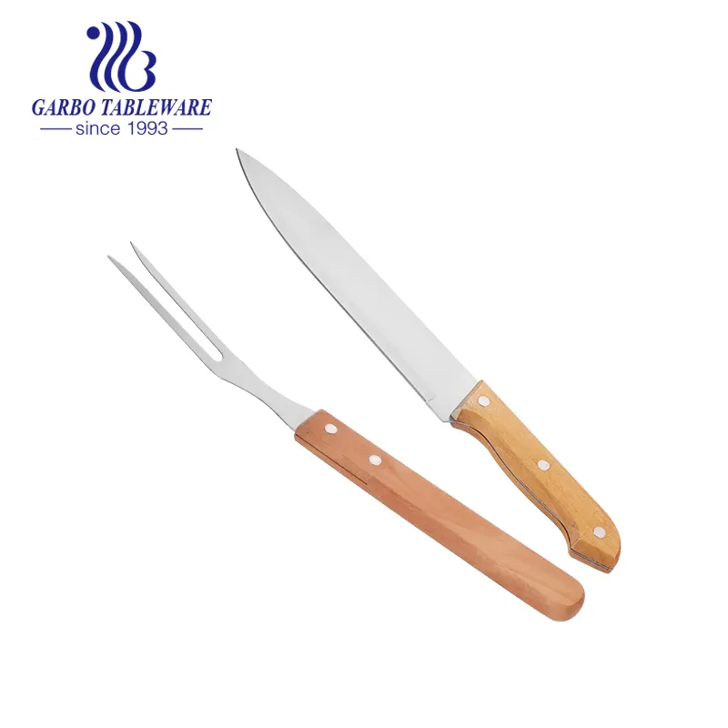 Promotion Ensemble de 2 outils de cuisson de cuisine en acier inoxydable Gadgets de barbecue de jardin-Couteau de chef Fourchette à viande Manche en bois Usage extérieur domestique