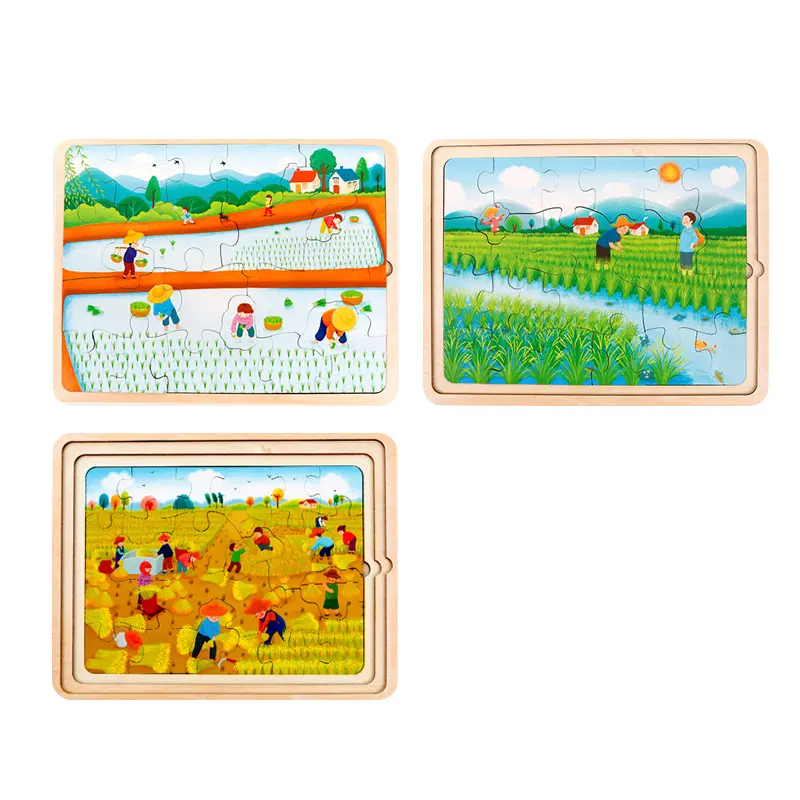 Wholesale 3 in 1 Wooden Jigsaw Plant Puzzles for Children Baby Educational Toys puzzle box for kid