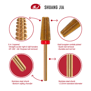 Shuangjia 6.8Mm Vàng <span class=keywords><strong>Tungsten</strong></span> <span class=keywords><strong>Carbide</strong></span> Nail Khoan <span class=keywords><strong>Bits</strong></span> 5 Trong 1 Côn Nail Bit Phay Cutter Cho Làm Móng Tay Móng Tay Phụ Kiện - Product Image 2