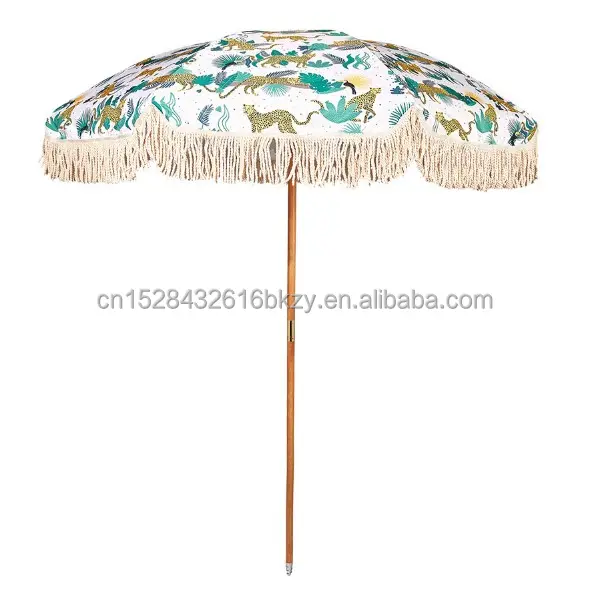 Guarda-chuva de praia personalizado, fornecedor personalizado barato de madeira branco jardim ao ar livre com borlas