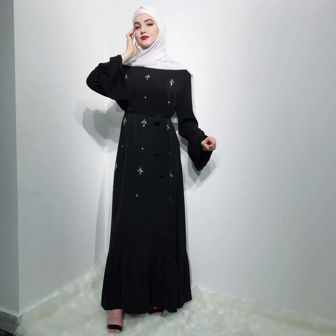 Vestido abaya islámico de algodón para mujer, falda larga de abaya con perlas de cristal hechas a mano, venta al por mayor