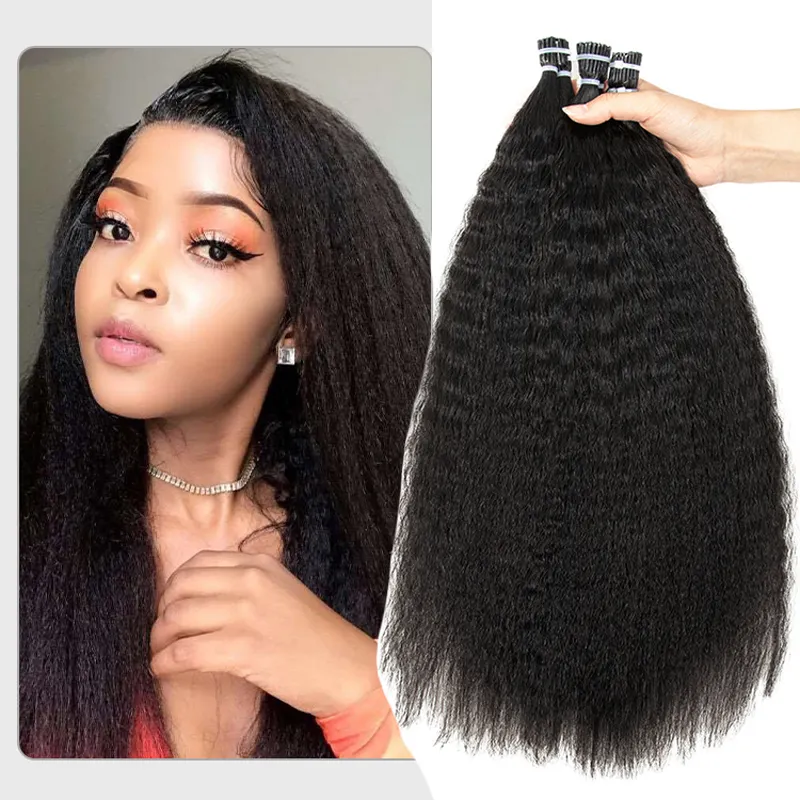 Оптовая продажа, афро курчавые прямые I-Tip Coily Microlinks I-Tip, монгольские необработанные человеческие волосы для наращивания волос для черных женщин