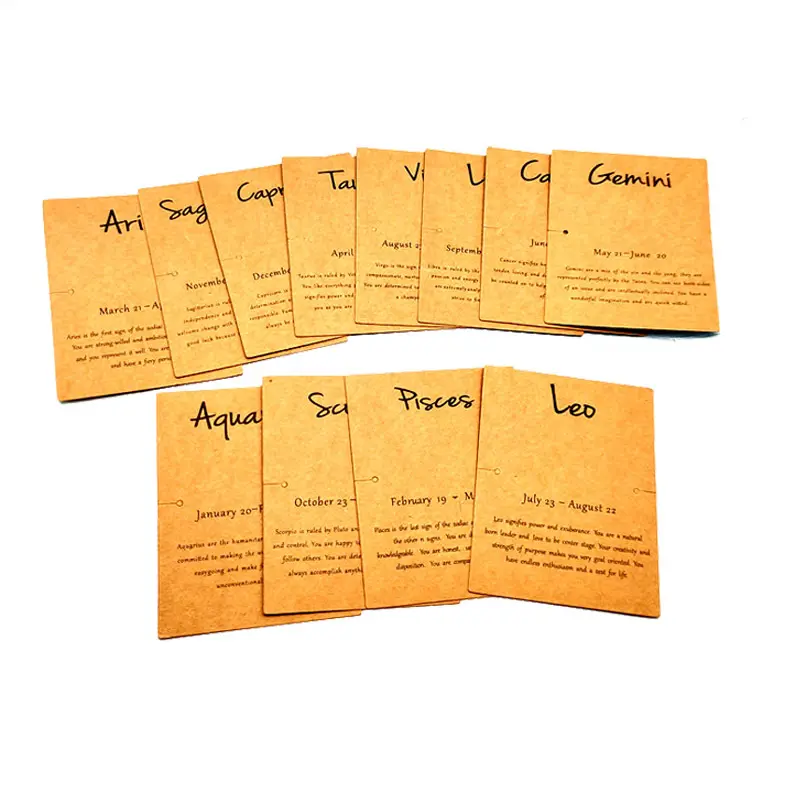 Carte di visualizzazione di gioielli fatti a mano all'ingrosso imballaggio di carte di carta artigianale personalizzato 9*7cm 12 titolare della carta del braccialetto della collana dello zodiaco