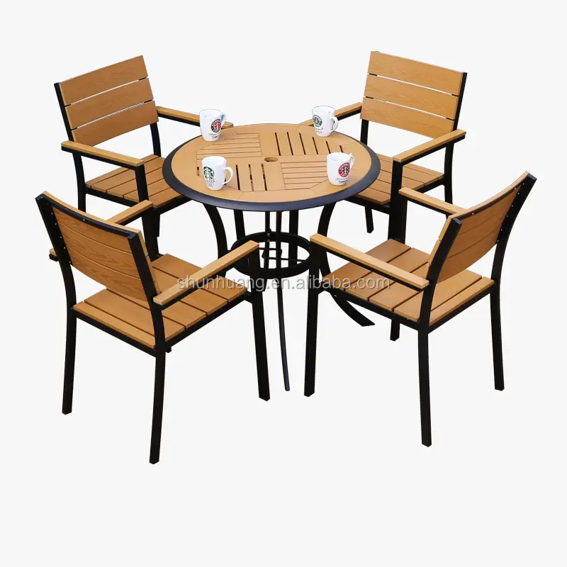 Meuble de jardin en bois, table à thé, avec chaises en plastique en aluminium, ensemble de salle à manger, populaire, livraison gratuite