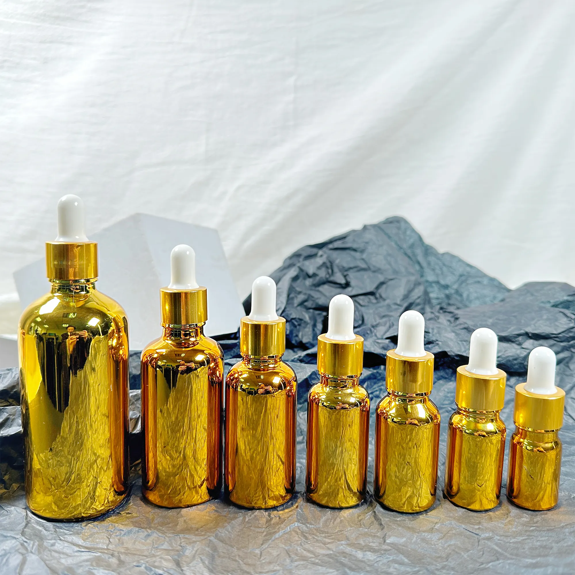 Botol minyak esensial botol penitis Serum Rambut, botol emas MOQ rendah 15ml 20ml 30ml kaca kosmetik kemasan layar bulat YB