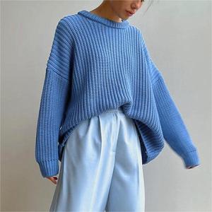 新款女式冬季保暖休闲套装<span class=keywords><strong>O</strong></span>领针织女式套头衫女式实心宽松秋季长袖毛衣