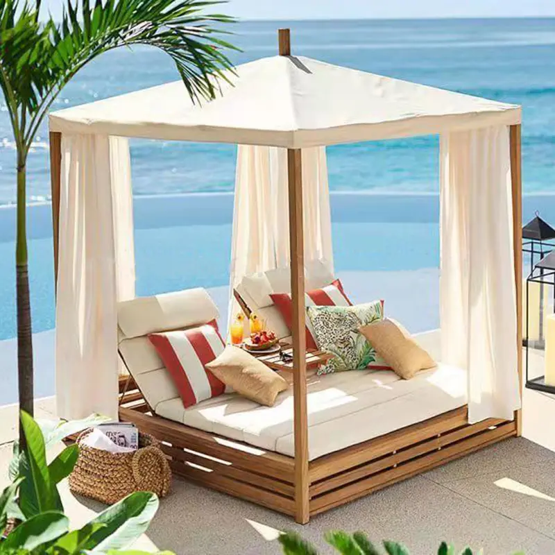 Luxus-Außenmöbel im modernen Stil Teak Rattan-Daybett Sonnenschirm-Aluminiumrahmen für Strand Garten Hotels Parks Villen