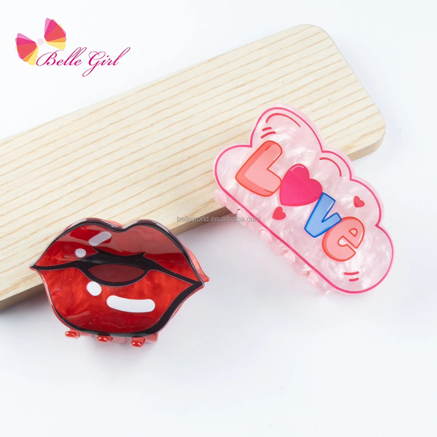 Belleworld Ngày Valentine Chất Lượng Cao Tóc Clip Claw Màu Đỏ Môi Tình Yêu Trái Tim Acrylic Móng Vuốt Tóc Kẹp Phụ Nữ Cô Gái