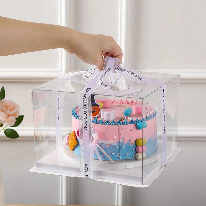 卸売クリアケーキボックスリボン付き10インチディスプレイパック誕生日用ベーキング透明ケーキボックスcajas para pastel