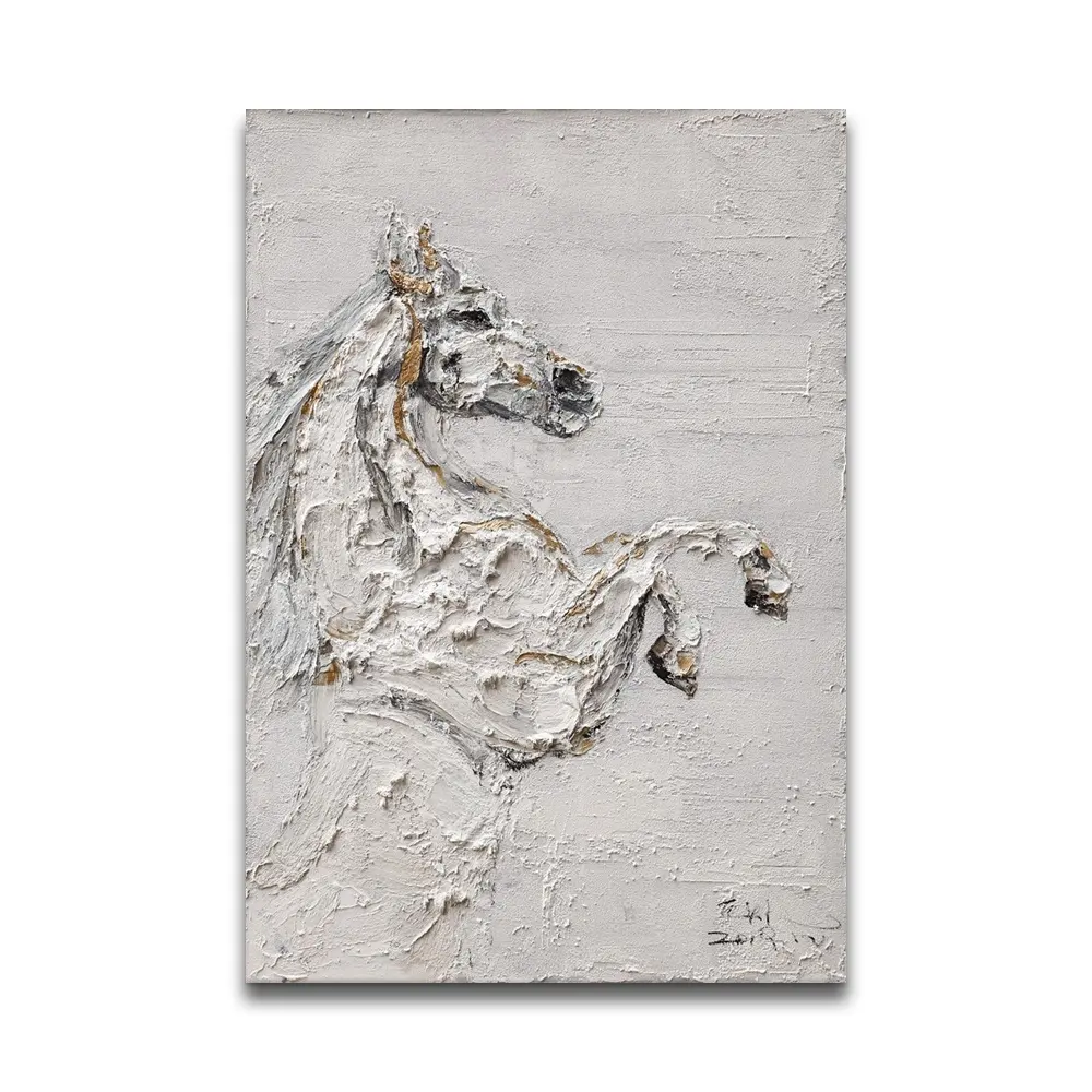 Handmade Textured Wall Art Decoration White Animal Horse Picture Canvas Abstract Acrylic Paintings for Hotel Decor