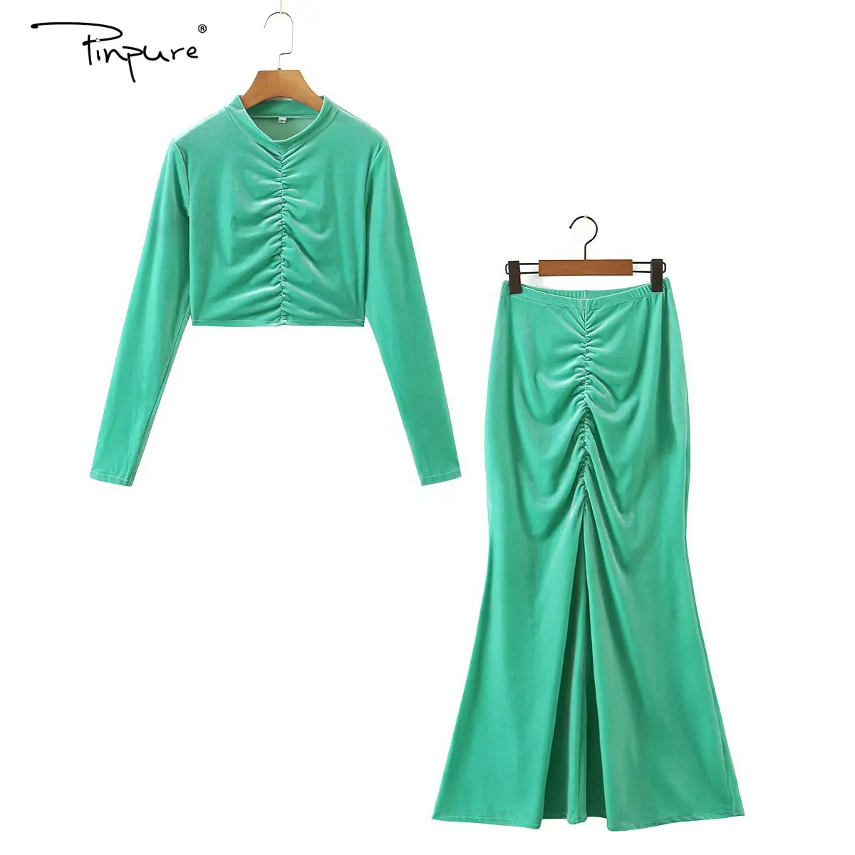 Antumn-Blusa de terciopelo estilo europeo para mujer, blusa femenina de color liso a la moda con falda de cola de pez, 2021, R40521S