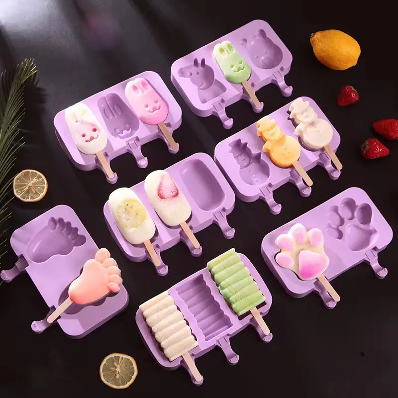 Lila Kaninchen-Eis Silikonformen Kleinigkeiten niedliche Cartoon lila Eis am Stielform für Paw-Schneemann Kuchen Pop-Gussformen Eis