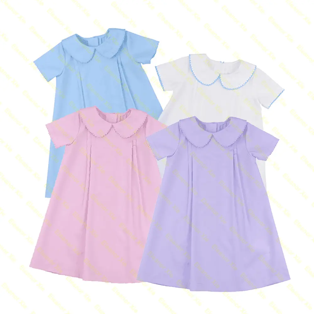 2024 verano cuello Picot TRIM niños niñas vestidos de manga corta algodón bordado vestido de bebé