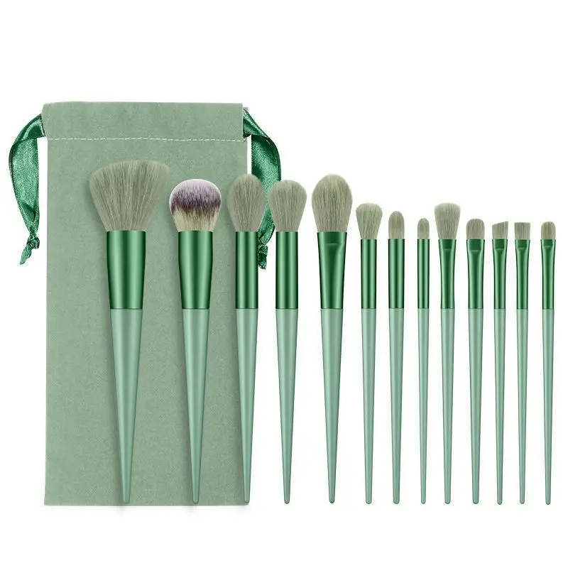 Set di pennelli per trucco all'ingrosso 13 pezzi di cosmetici con Logo personalizzato verde scuro strumenti per il trucco pennello per ombretti per fondotinta in polvere