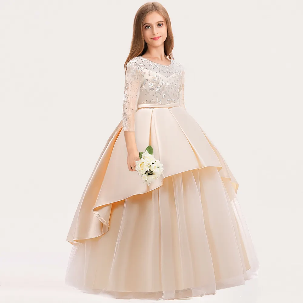 Boutique Robes de soirée de princesse à manches longues Robe de fête de mariage d'anniversaire de bébé fille avec des fleurs