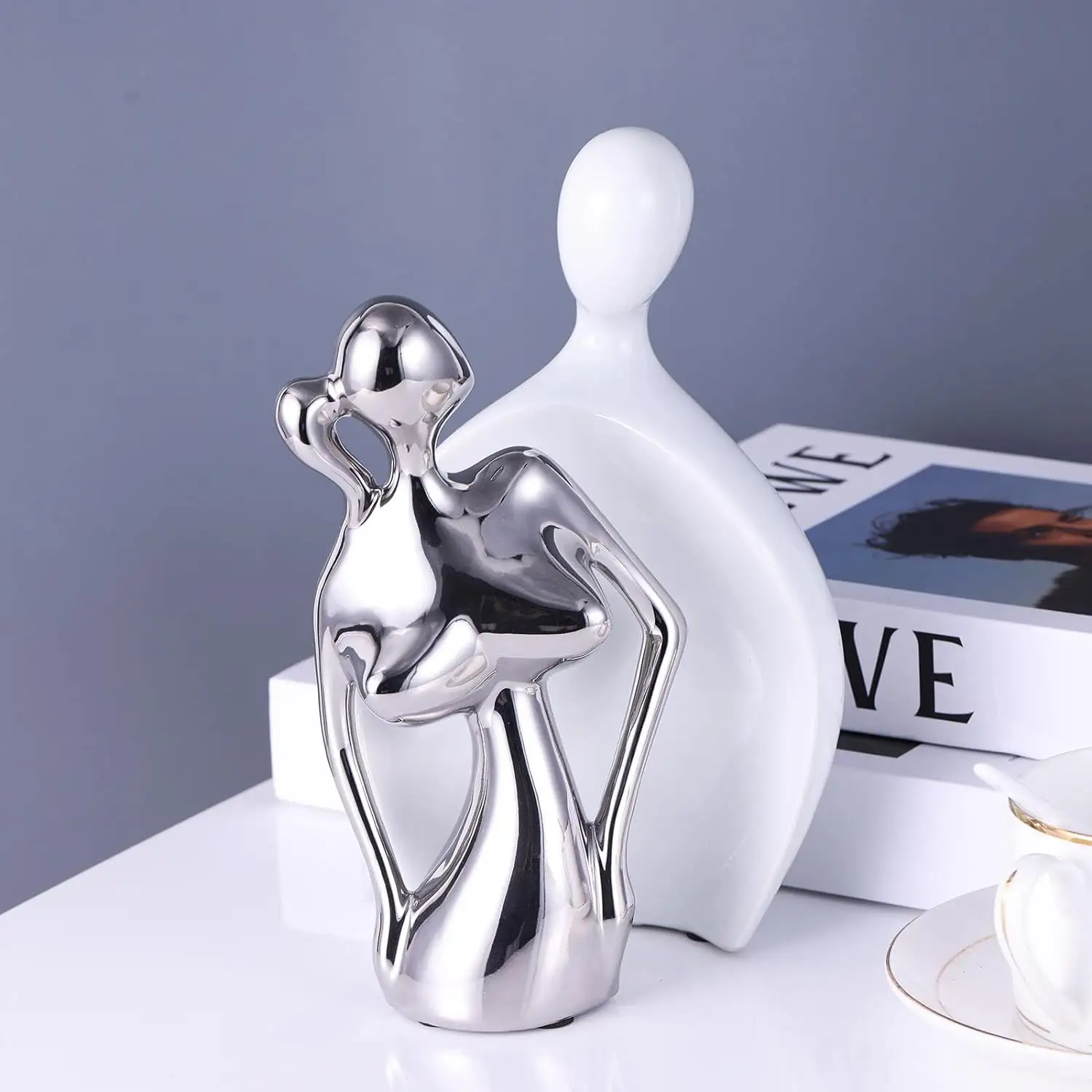 Supplier Wedding Anniversary for Couple Figurines Statue White and Silver Ceramic Art Abstract Statue Gifts for Home Decor