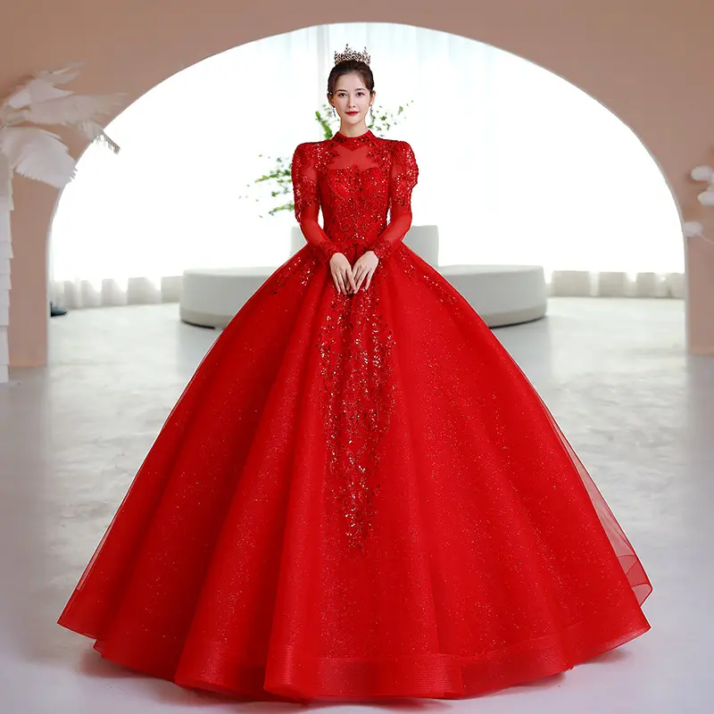 فستان زفاف فاخر للعروس من كبار السن أحمر تنورة منفوشة برقبة عالية مطرزة بأكمام طويلة