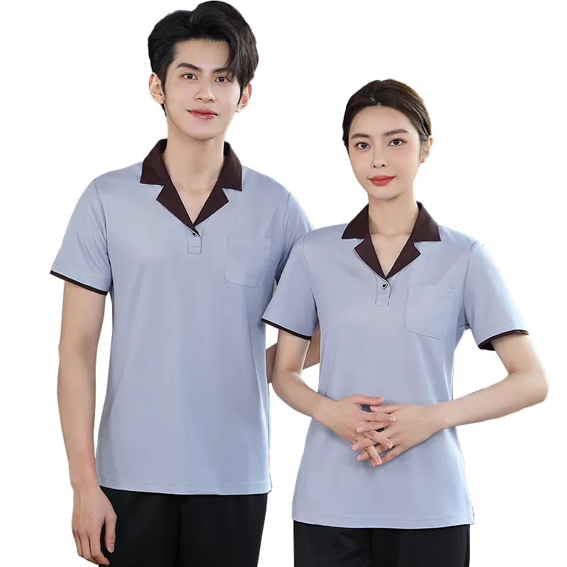 Uniforme de limpeza de lapela em hospitais camisas polo de poliéster com logotipo para restaurante camisa de trabalho de limpeza meia botão