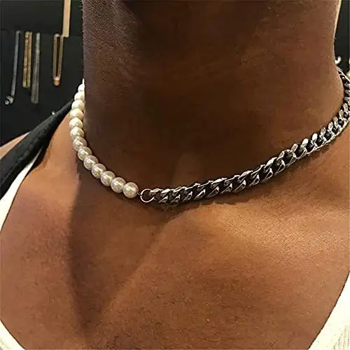 Collana di perle da uomo d'acqua dolce mezza vera mezza catena in acciaio inossidabile con gioielli da uomo minimalisti personalizzati all'ingrosso