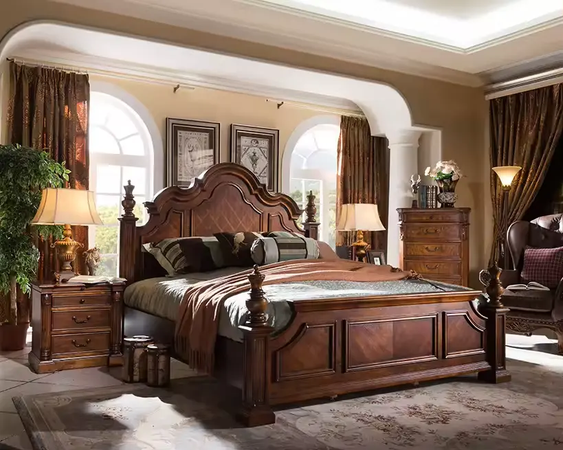 Móveis de quarto em madeira de mogno desenho antigo esculpido à mão guarda-roupas de quarto cama king size