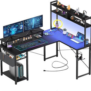 Escritorio de ordenador de esquina grande en forma de L con soporte para monitor Mesa de ordenador negra moderna con estantes de almacenamiento Soporte de host - Product Image 1