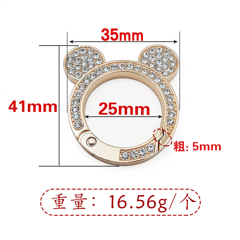 Fermoir à ressort tête d'ours incrusté de diamants doré 5x25x35mm