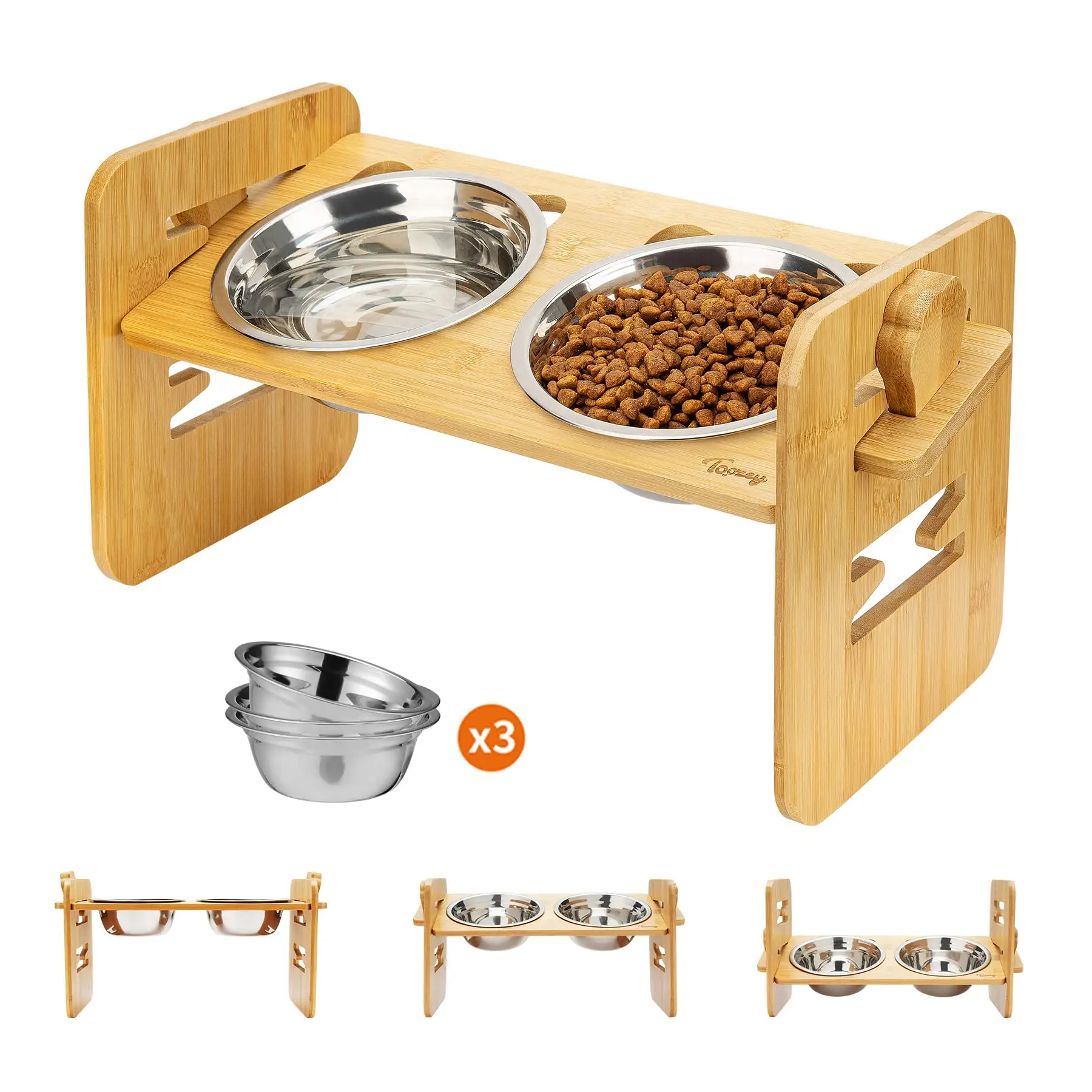 HOSTK Bamboo Elevated Cat Bowls 6 Adjustable Heights Raised Dog Bowl Stand with 3 Stainless Steel Dog Food and Water Bowls