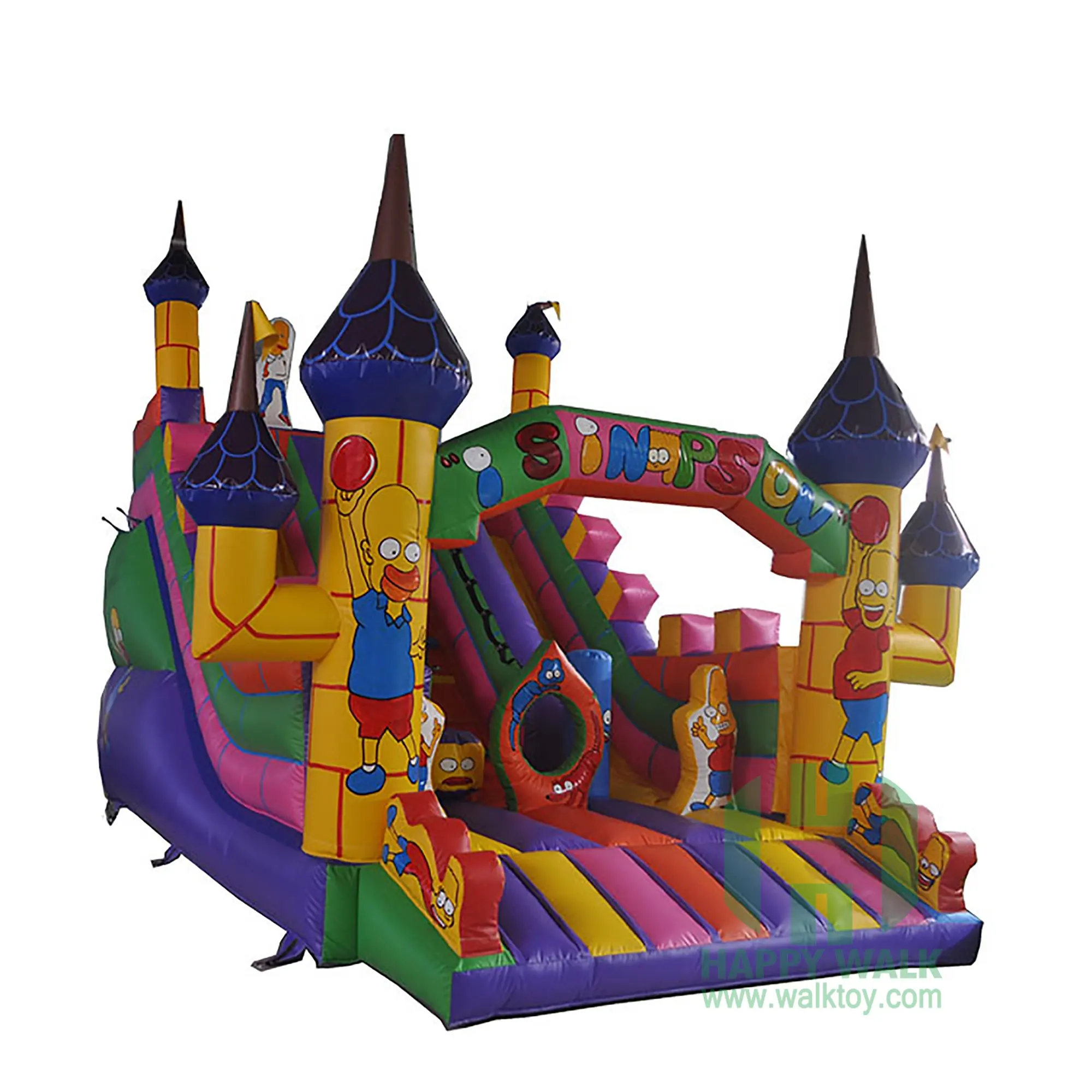 Saltador inflable con tobogán grande para niños, parque de atracciones de colores Simpson, barato, novedad, gran oferta, HI 2023