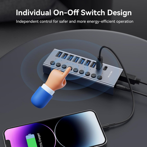 Jasoz 10 puertos USB 3,0 Hub 5Gbps Data Splitter 12V4A 48W DC1.2M Expansión multipuerto Interruptor de encendido/apagado individual USB Data Hub Stock