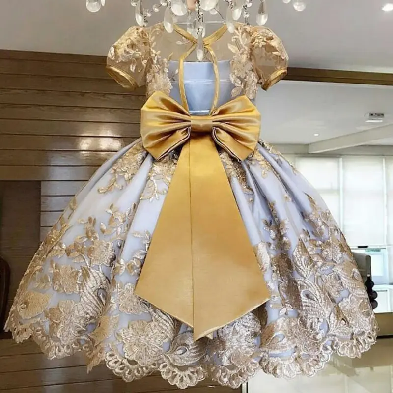 Vendita calda maglia ricamo bambini principessa Ball Gown abiti da festa di compleanno formale abbigliamento per bambini ragazza abito da sposa