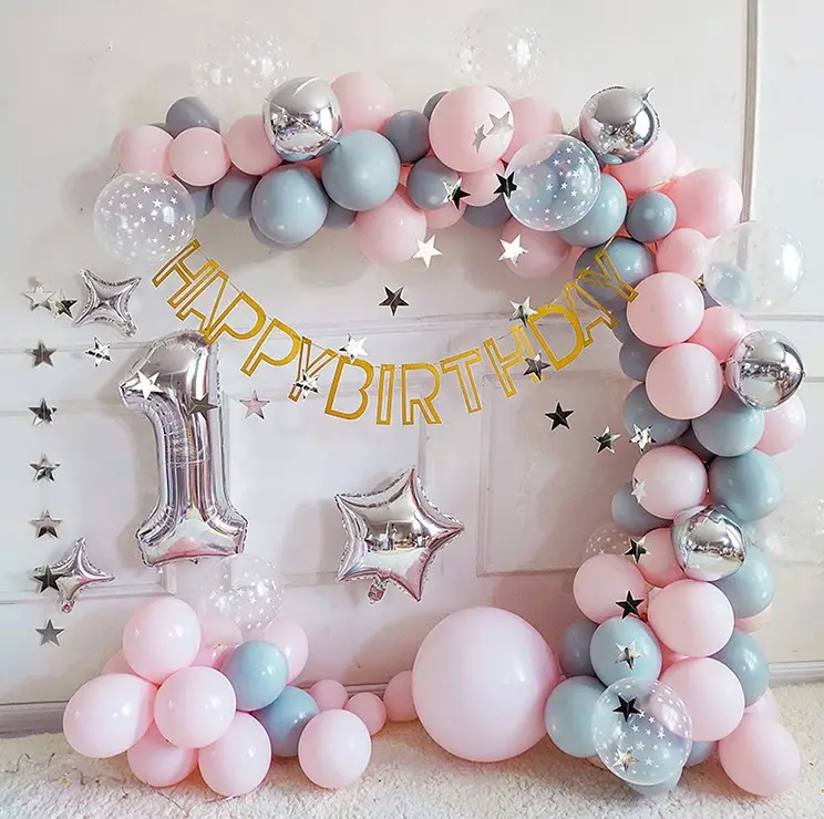 birthday baby shower party Pink and Blue balloon garland arch kit with Number 0-9 foil balloon and HAPPY BIRTHDAY Banners flags