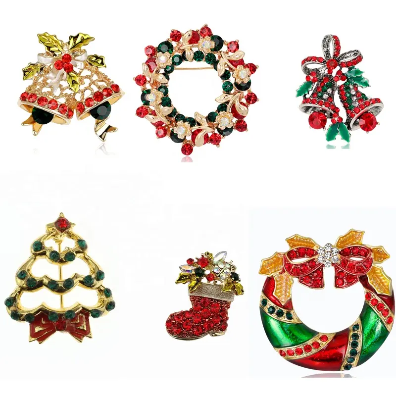 Broche couronne de noël mixte 1x6 styles, goupilles pour arbre de noël et nouvel an, accessoires de décoration