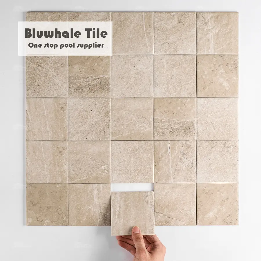 Bluwhale Tile One Stop Pool Supplier Outdoor Villa Marble Look Anti Slip 4x4 Ceramic Pool Tile Bali Style Swimming Pool Tiles