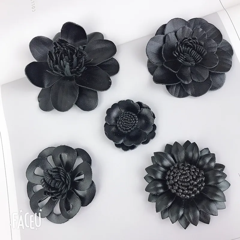Flores de cuero hechas a mano para zapatos de niños, piezas de tacón de cuero PU blanco y negro, accesorios para zapatos