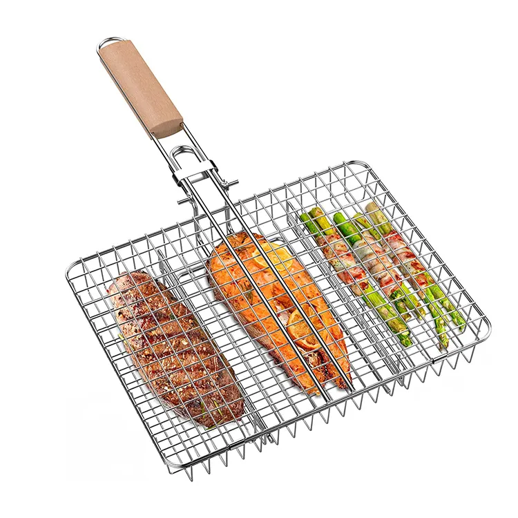 Rustproof Outdoor Grill Basket Aço inoxidável churrasco grelhar cesta para peixe, carne, bife, camarão, legumes, costeletas