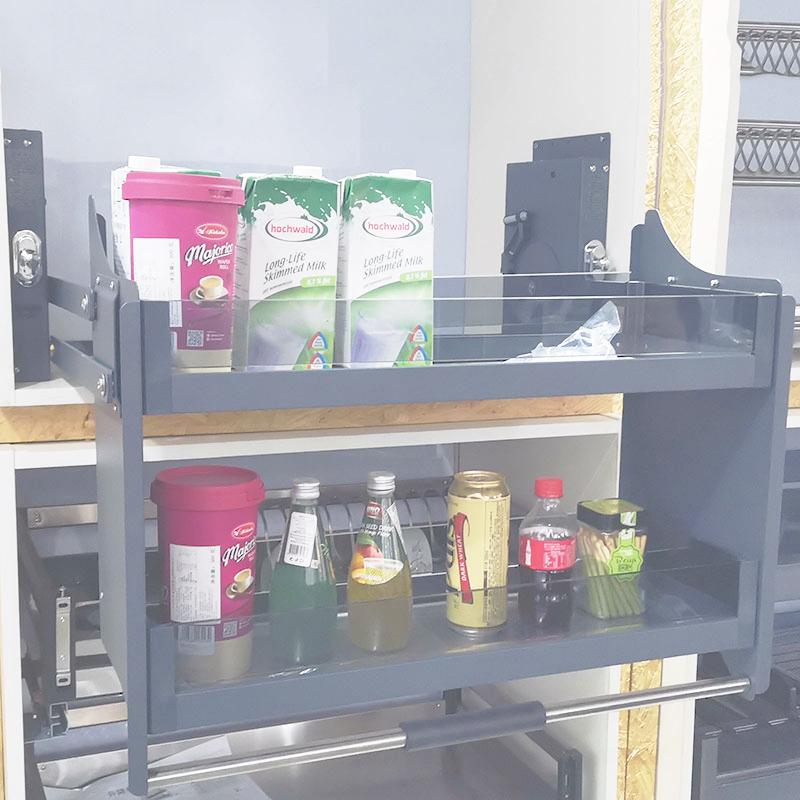 China Factory Multifunction Kitchen Tempered Glass Elevator Basket Pull Down Adjustable  Kitchen Non-slip Cabinet